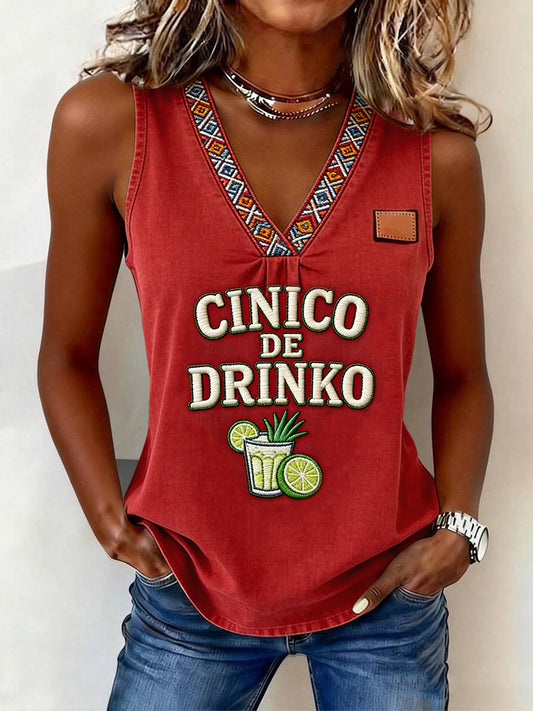 Camiseta sin mangas Cinco de Mayo con estampado de tequila retro para mujer