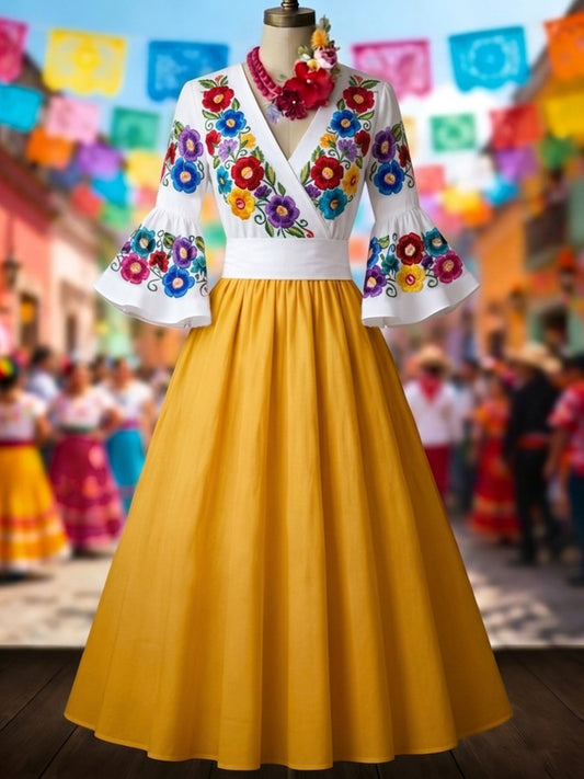 Vestido mexicano para mujer con estampado floral étnico y mangas acampanadas