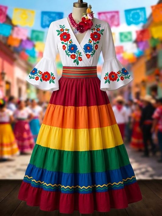 Vestido mexicano para mujer con estampado floral étnico y mangas acampanadas