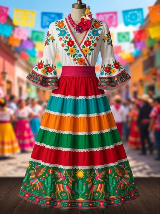 Vestido de manga acampanada estampado floral étnico mexicano de las mujeres