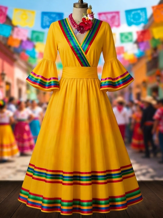 Vestido de manga acampanada estampado de rayas étnicas mexicanas de mujer