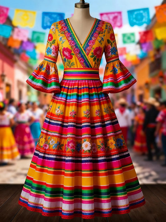 Vestido mexicano para mujer con estampado floral étnico y mangas acampanadas