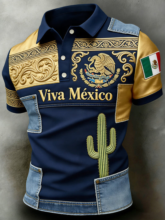 Polo de fútbol mexicano para hombre: estampado de textura en relieve estilo tótem azteca