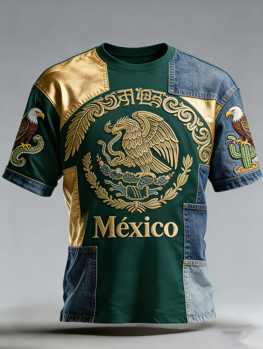 Camiseta para hombre estilo tótem azteca con estampado de textura en relieve México