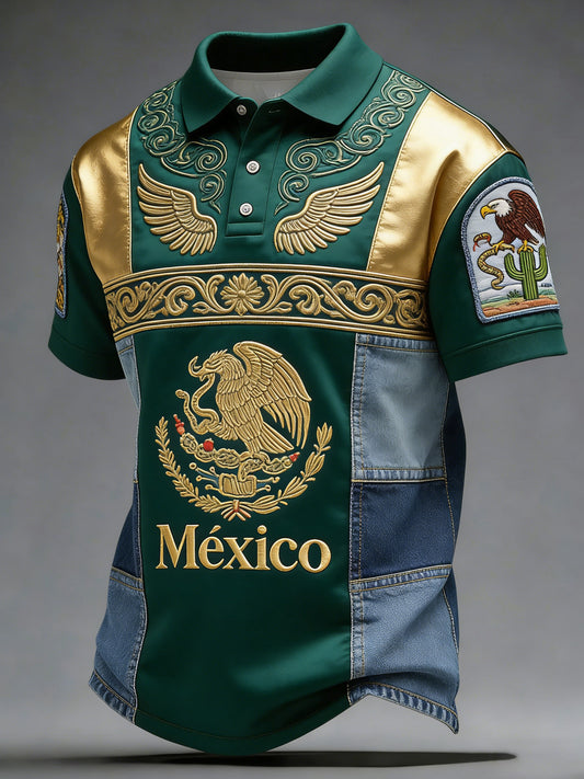Polo para aficionados al fútbol mexicano: estampado en relieve con diseño de tótem azteca