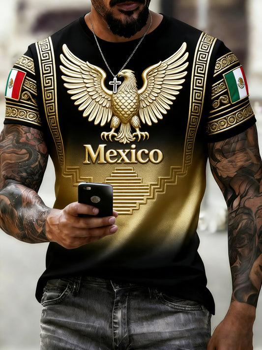 Camiseta para aficionados al fútbol de México para hombre-Estilo tótem azteca con estampado en relieve