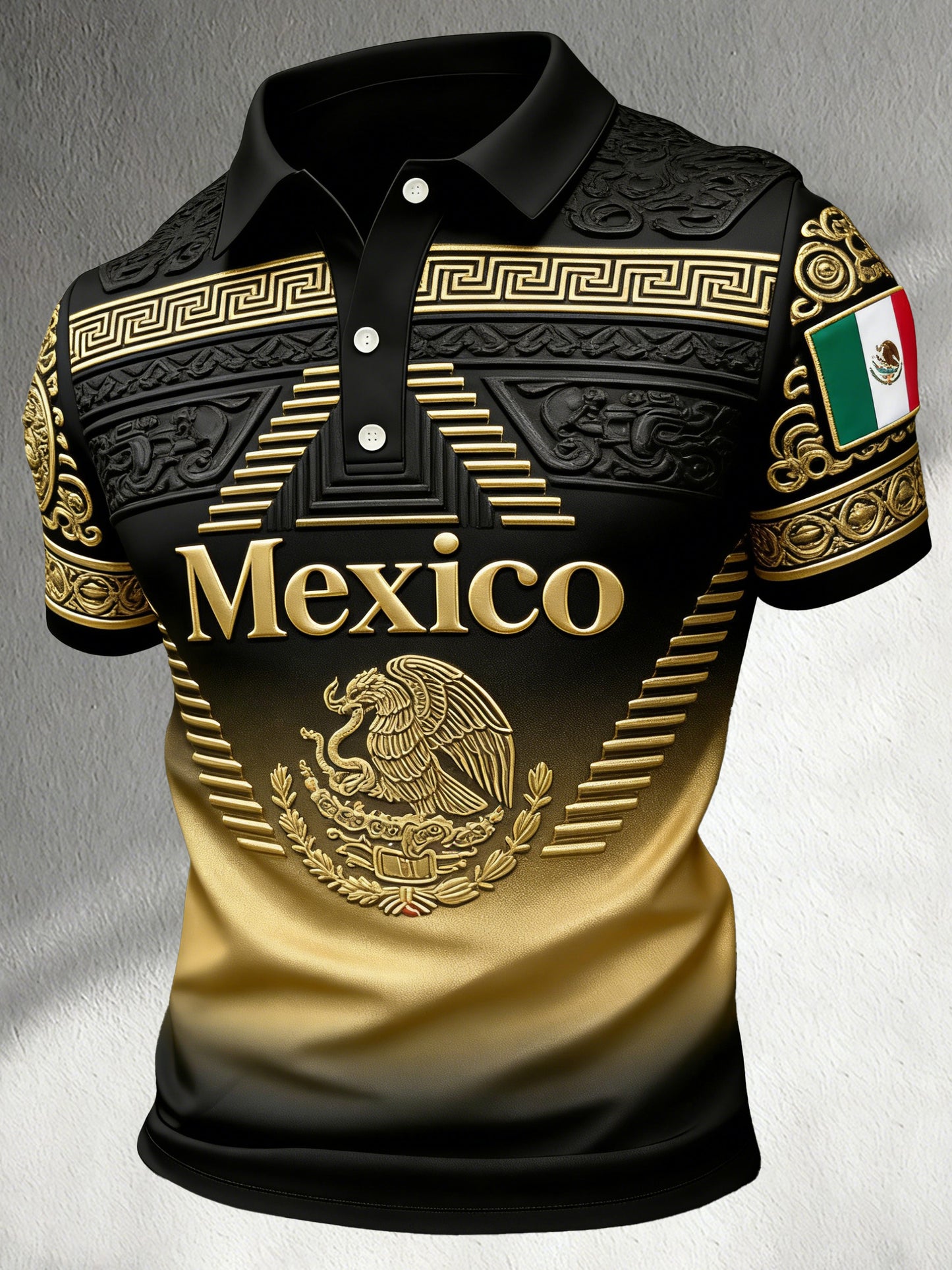 Polo para aficionados al fútbol mexicano: estampado en relieve con diseño de tótem azteca