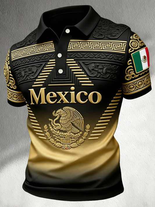Polo para aficionados al fútbol mexicano: estampado en relieve con diseño de tótem azteca