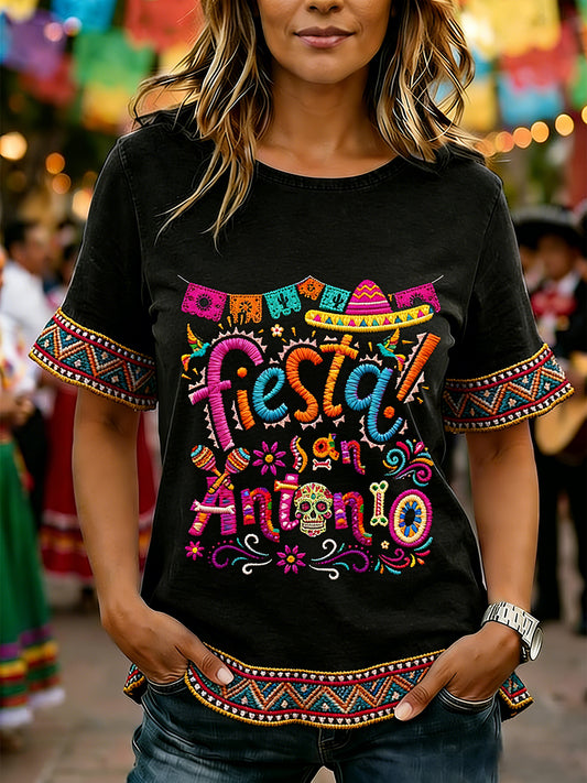 Camiseta casual con estampado del Cinco de Mayo y volantes en las mangas para mujer