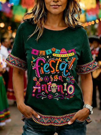 Camiseta casual con estampado del Cinco de Mayo y volantes en las mangas para mujer