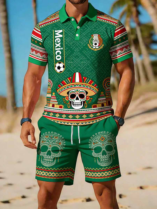 Conjunto de camisa de polo casual con estampado de patrón conmemorativo de la Copa Mundial de México para hombres