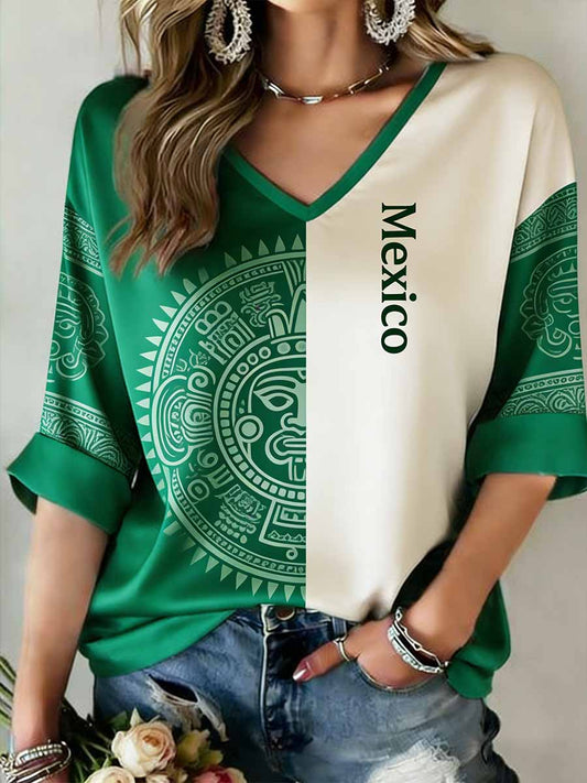 Camiseta casual con estampado mexicano para mujer