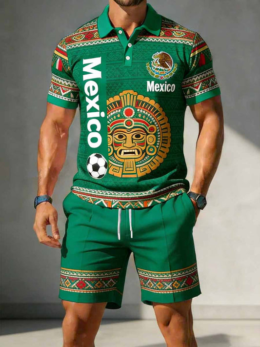 Conjunto de camisa polo casual con estampado conmemorativo del Mundial de México para hombre