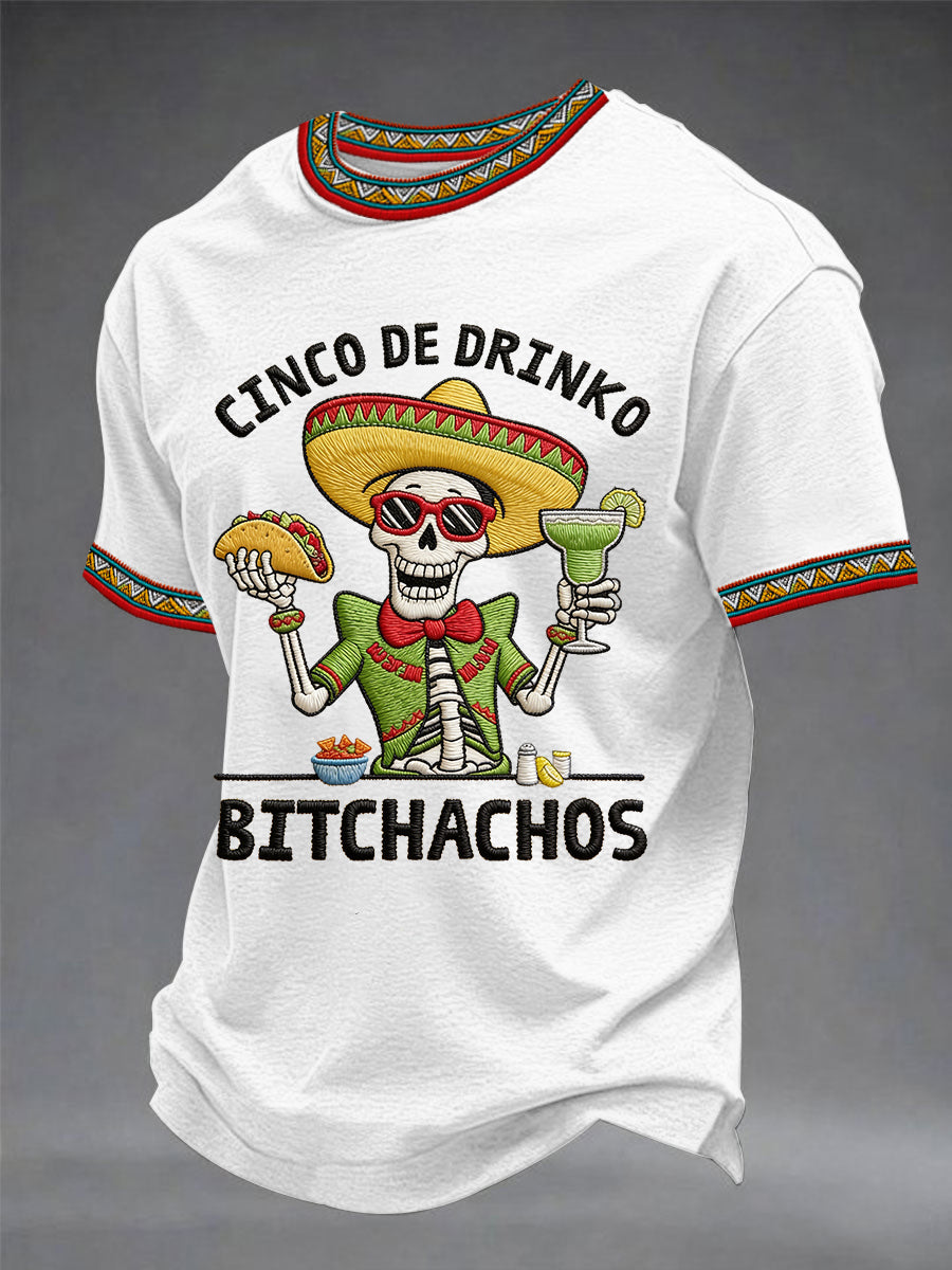 Camiseta casual para hombre con estampado de esqueletos y leyenda «Cinco De Drinko Bitchachos», estilo fiesta mexicana