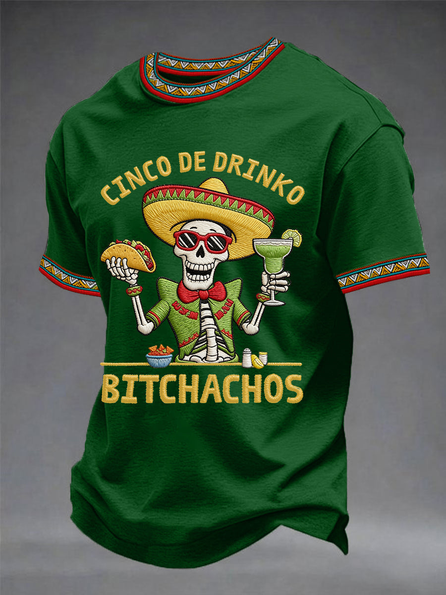Camiseta casual para hombre con estampado de esqueletos y leyenda «Cinco De Drinko Bitchachos», estilo fiesta mexicana