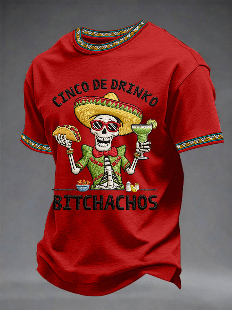 Camiseta casual para hombre con estampado de esqueletos y leyenda «Cinco De Drinko Bitchachos», estilo fiesta mexicana