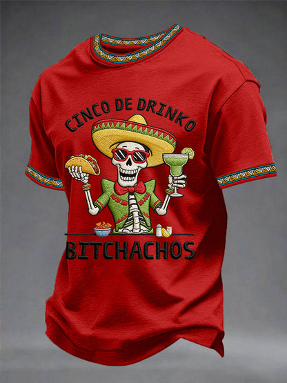 Camiseta casual para hombre con estampado de esqueletos y leyenda «Cinco De Drinko Bitchachos», estilo fiesta mexicana