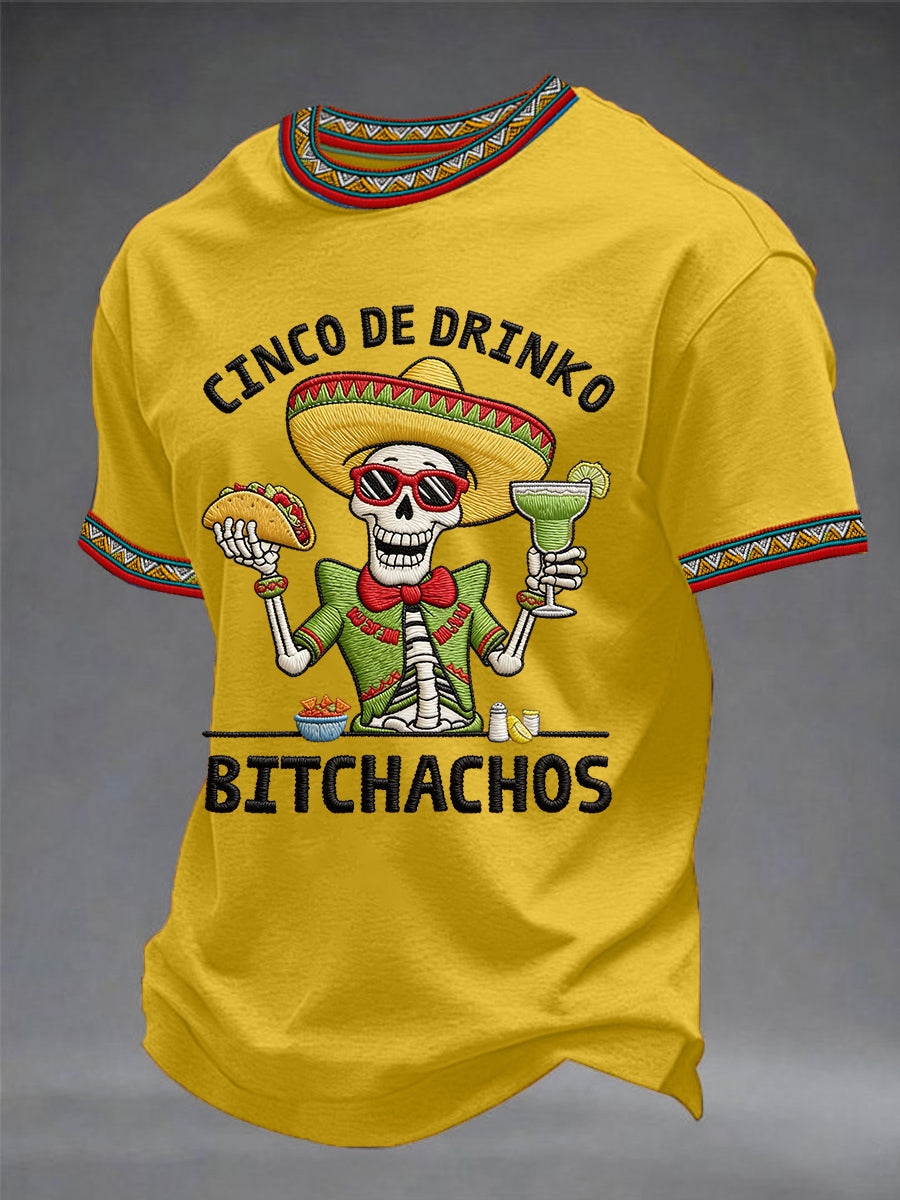 Camiseta casual para hombre con estampado de esqueletos y leyenda «Cinco De Drinko Bitchachos», estilo fiesta mexicana