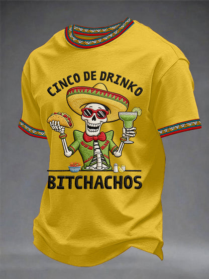 Camiseta casual para hombre con estampado de esqueletos y leyenda «Cinco De Drinko Bitchachos», estilo fiesta mexicana