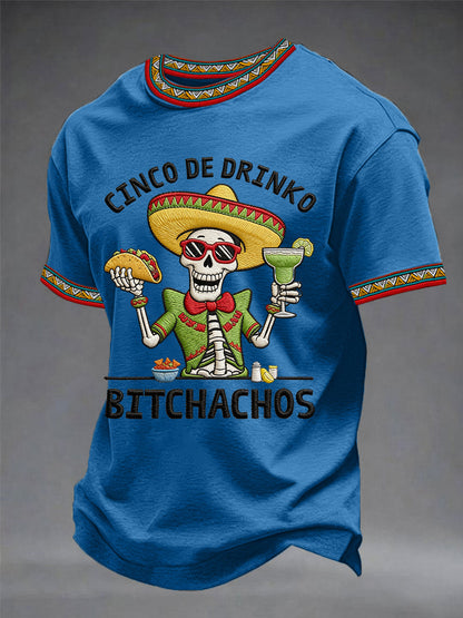 Camiseta casual para hombre con estampado de esqueletos y leyenda «Cinco De Drinko Bitchachos», estilo fiesta mexicana