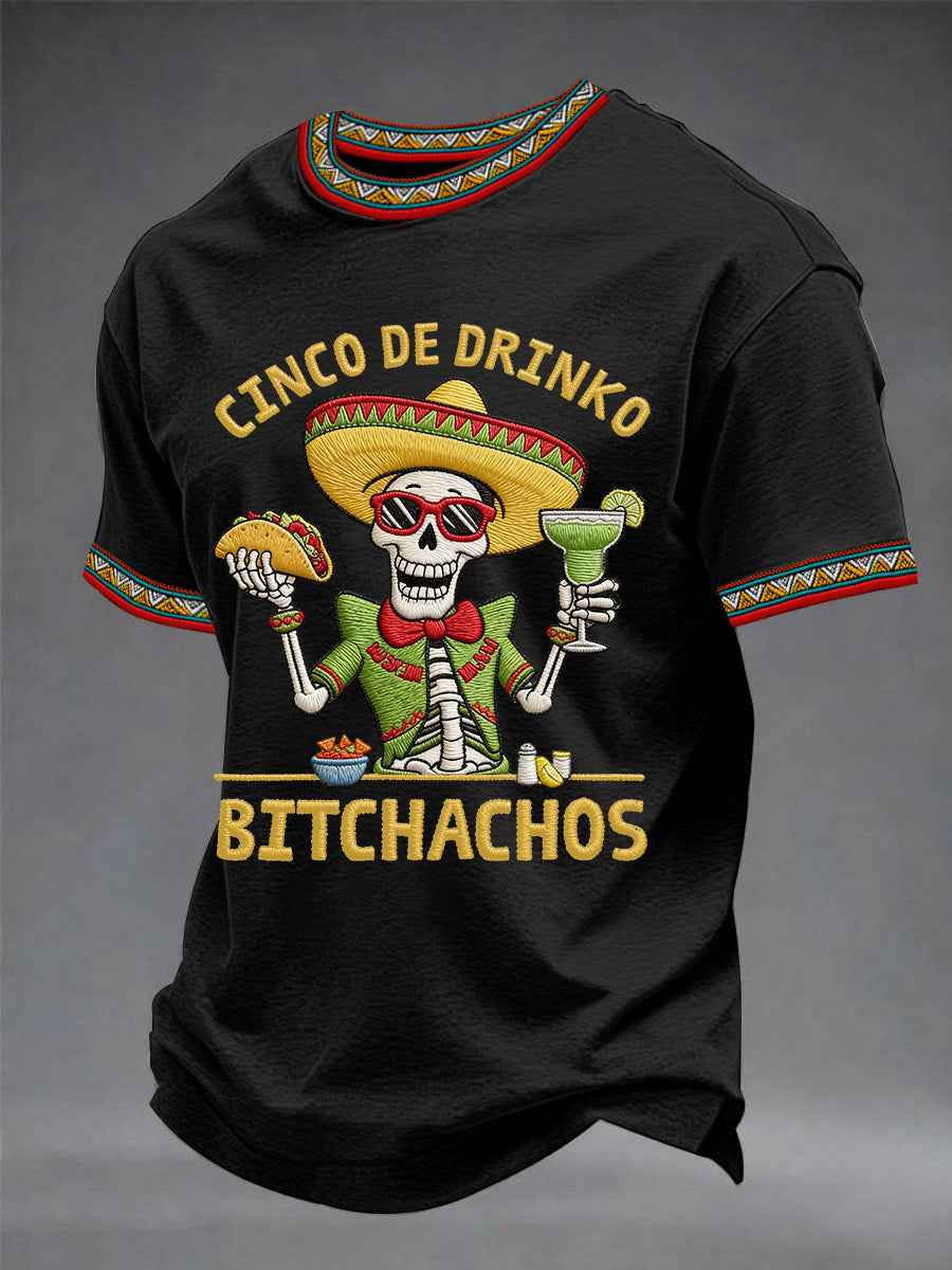 Camiseta casual para hombre con estampado de esqueletos y leyenda «Cinco De Drinko Bitchachos», estilo fiesta mexicana