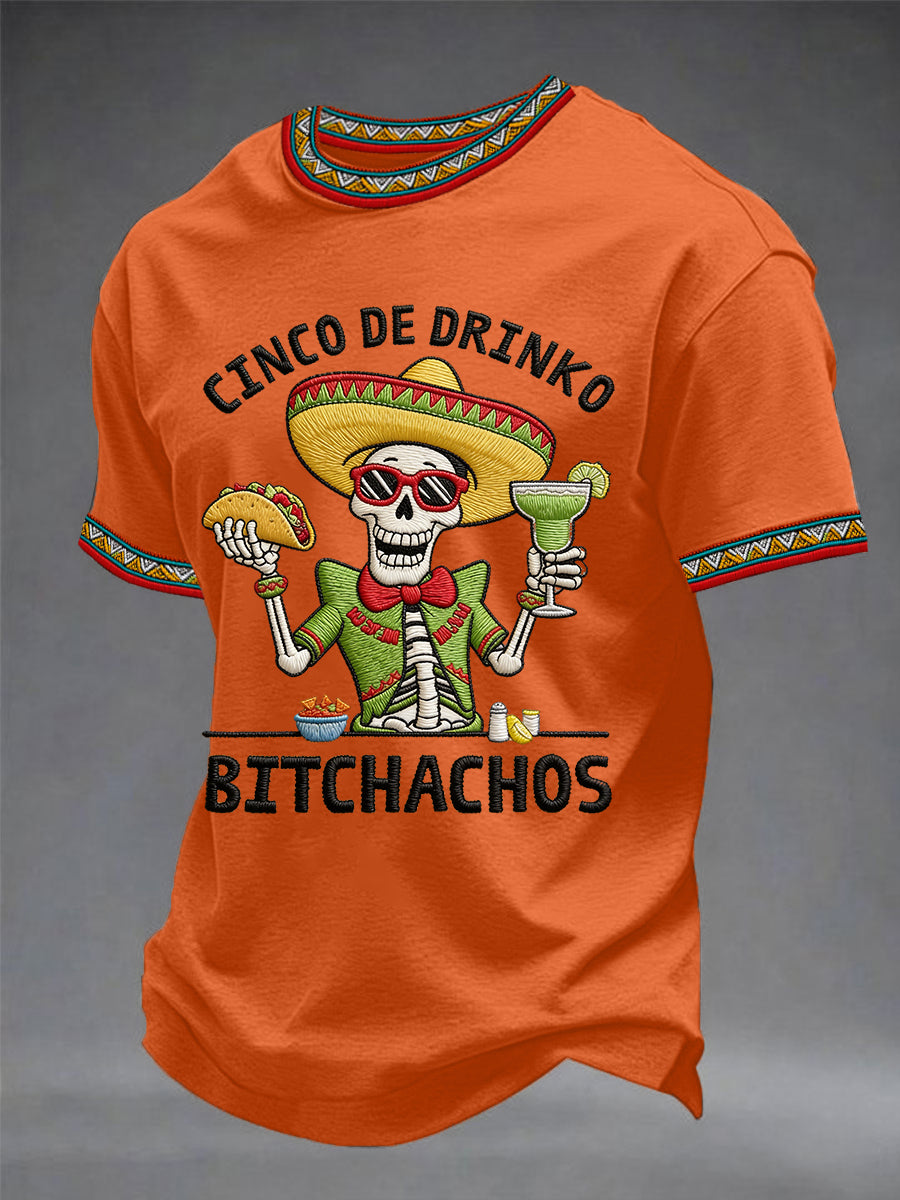 Camiseta casual para hombre con estampado de esqueletos y leyenda «Cinco De Drinko Bitchachos», estilo fiesta mexicana