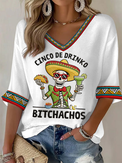 Camiseta casual de gofre con estampado de esqueletos y leyenda divertida «Cinco De Drinko Bitchachos» para mujer