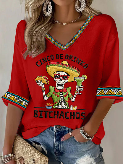Camiseta casual de gofre con estampado de esqueletos y leyenda divertida «Cinco De Drinko Bitchachos» para mujer