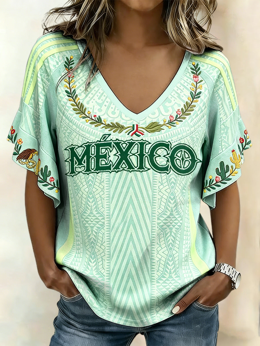 Camiseta estampada con diseño artístico de amante del fútbol mexicano para mujer
