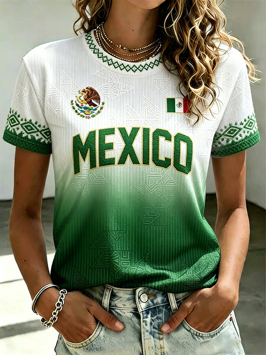 Camiseta estampada con diseño artístico de amante del fútbol mexicano para mujer