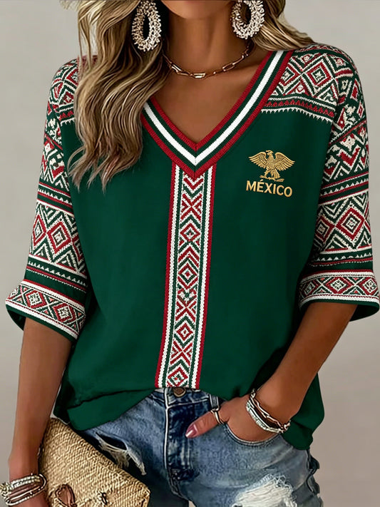 Camiseta de cuello en V con estampado artístico conmemorativo del fútbol femenino mexicano