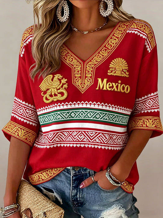 Camiseta de cuello en V con estampado artístico conmemorativo del fútbol femenino mexicano
