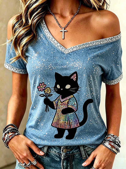 Top casual de mujer con lentejuelas y estampado animal, hombros descubiertos