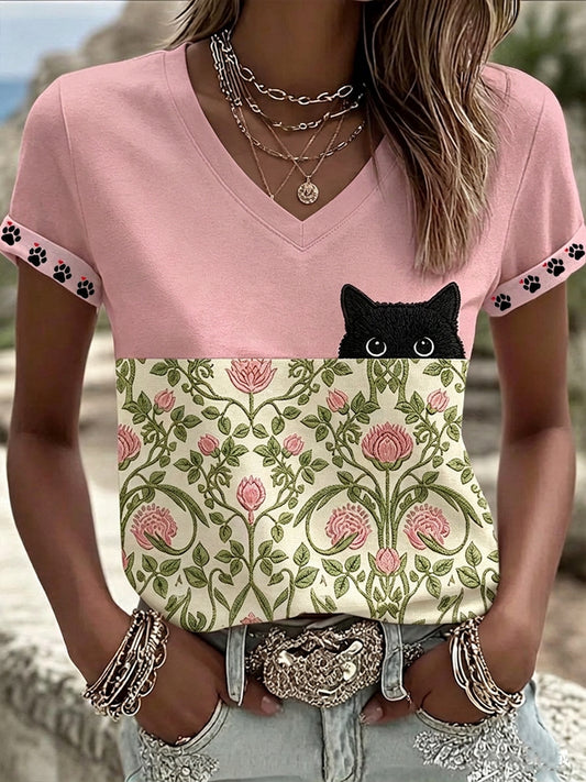 Gato negro de las mujeres con gráfico floral casual camiseta de manga corta