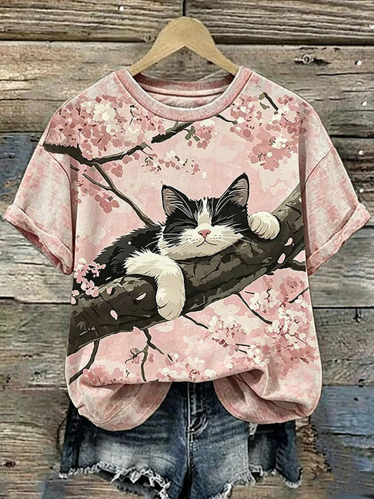 Camiseta de manga corta con estampado de arte de gatos para mujer