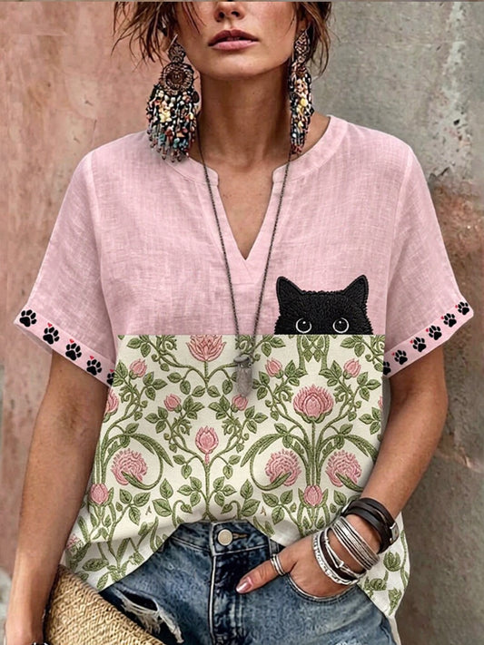 Camisa de lino casual de manga corta para mujer, con estampado floral de gato negro