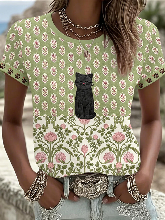 Camiseta casual de manga corta para mujer con estampado floral de gato negro