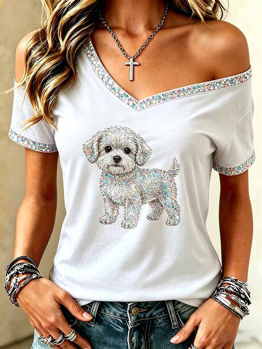 Top casual de mujer con lentejuelas y estampado animal, hombros descubiertos