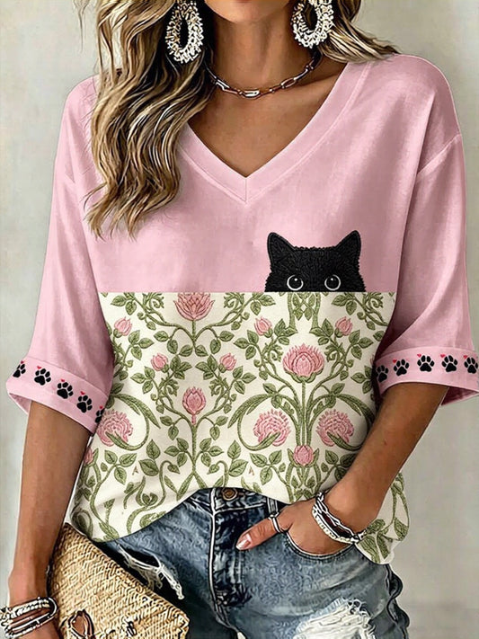 Gato negro de las mujeres con gráfico floral Casual Mid-length mangas con cuello en V camiseta