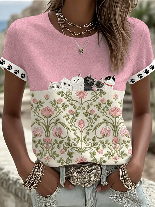 Gatos lindos de las mujeres con la camiseta de manga corta ocasional gráfica floral