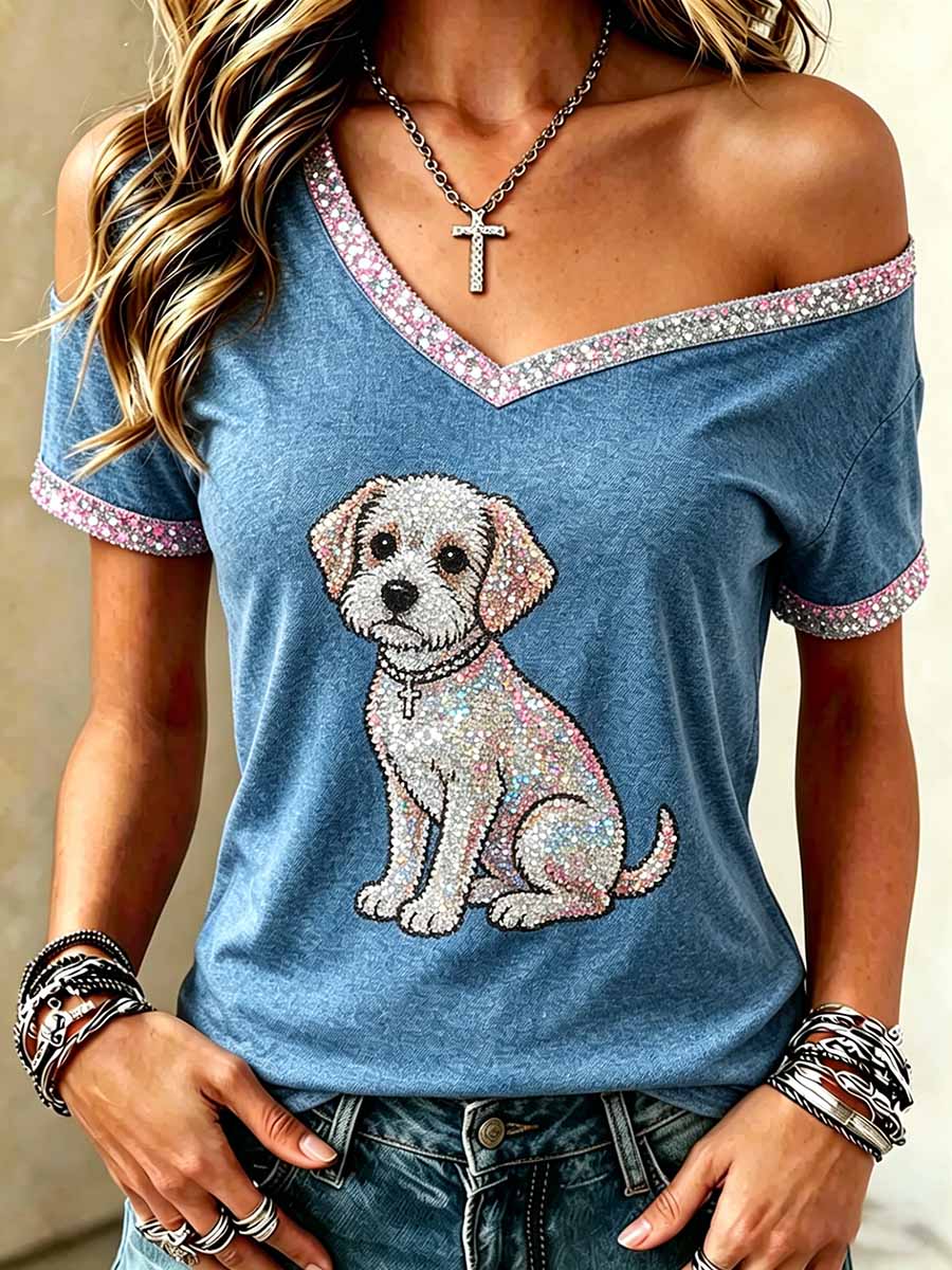 Top casual de mujer con lentejuelas y estampado animal, hombros descubiertos