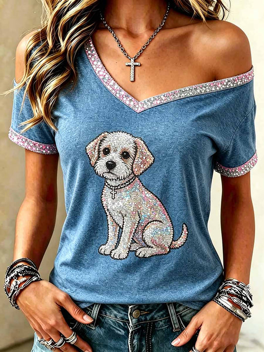 Top casual de mujer con lentejuelas y estampado animal, hombros descubiertos