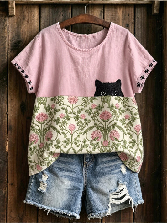 Gato negro de las mujeres con gráfico floral casual manga corta camisa lino