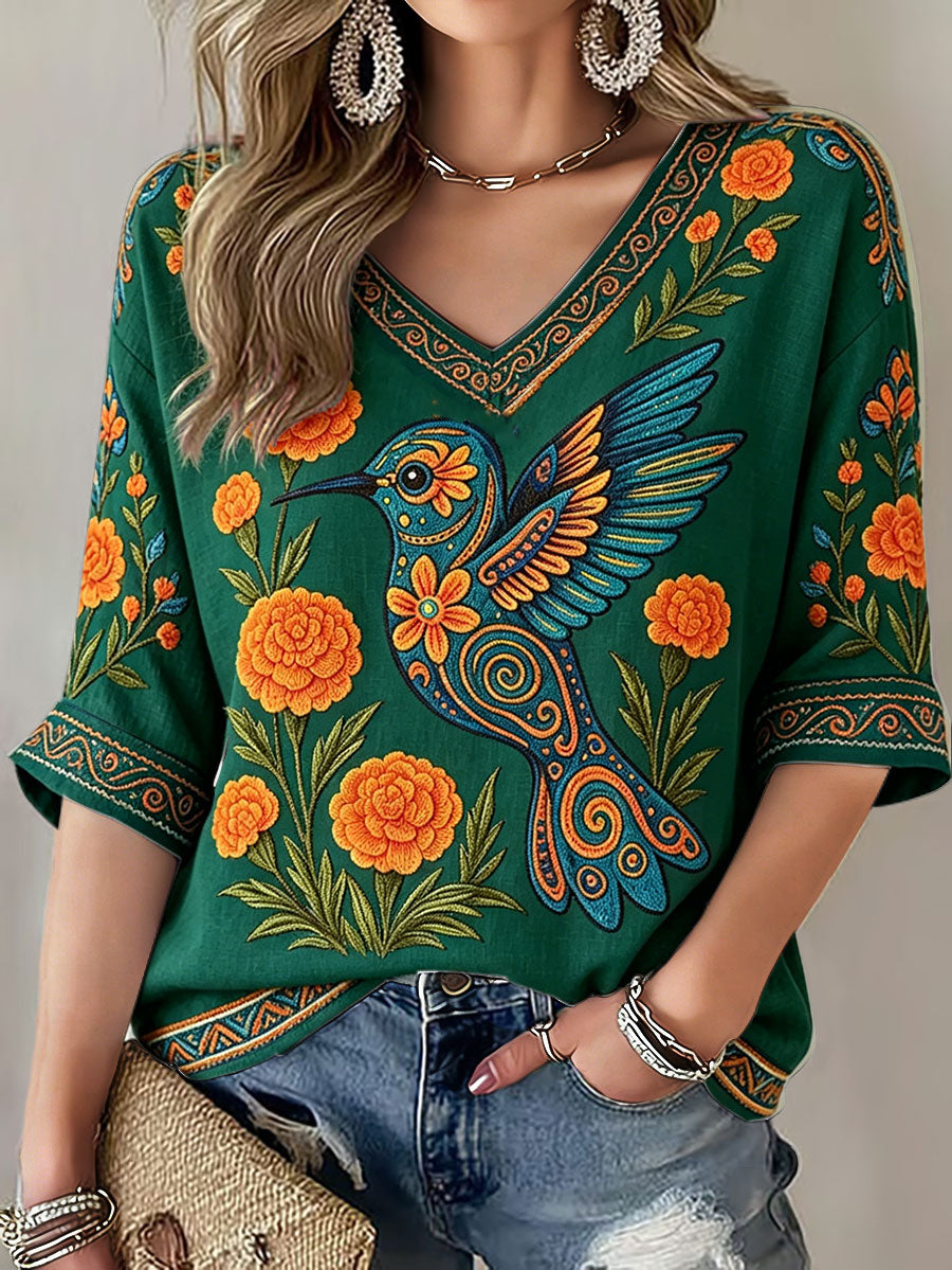 Camiseta de lino con estampado artístico para amantes del deporte, de México, para mujer