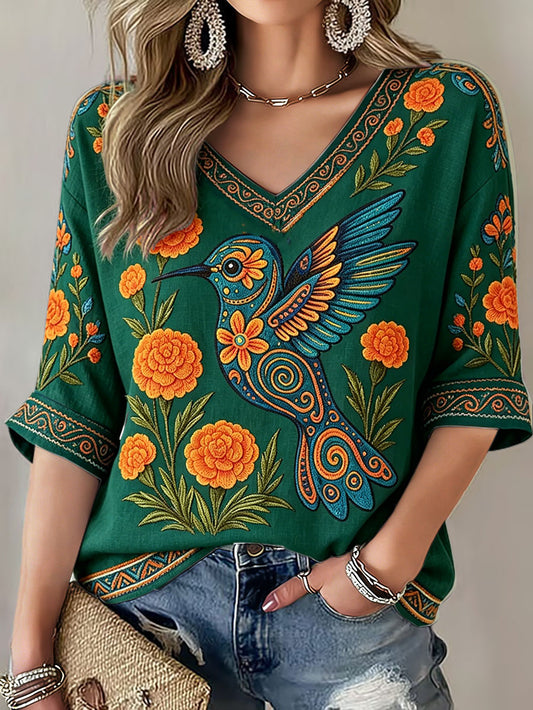 Camiseta de lino con estampado artístico para amantes del deporte, de México, para mujer
