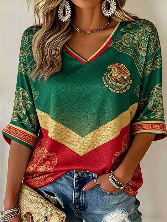 Camiseta estampada con diseño artístico de amante del fútbol mexicano para mujer