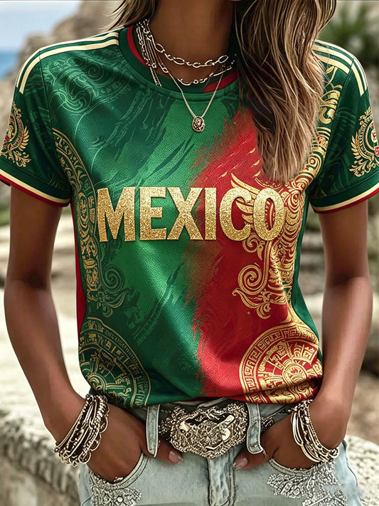 Camiseta estampada con diseño artístico de amante del fútbol mexicano para mujer