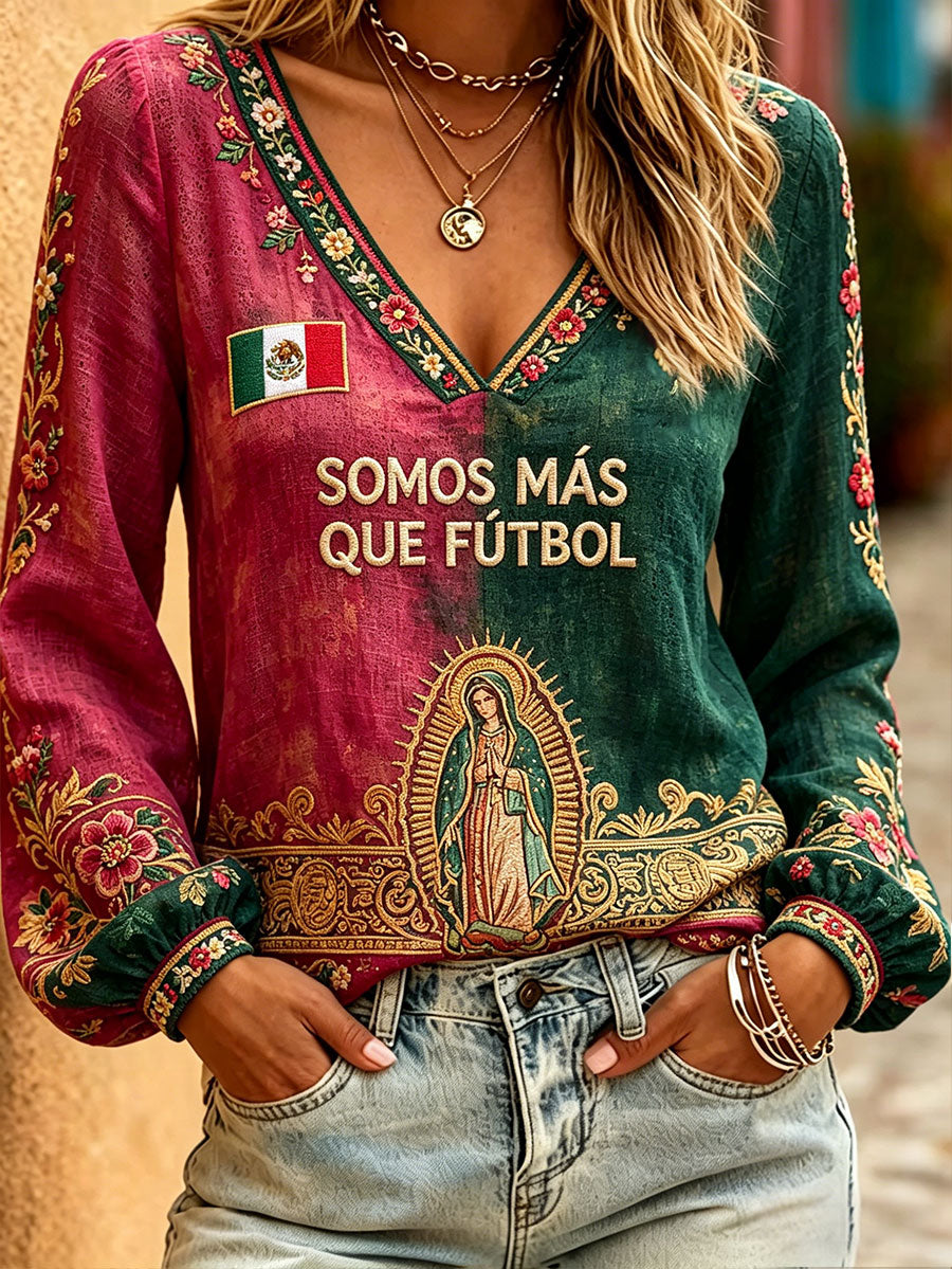 Camisas de lino con estampado artístico para amantes del fútbol mexicano, para mujer