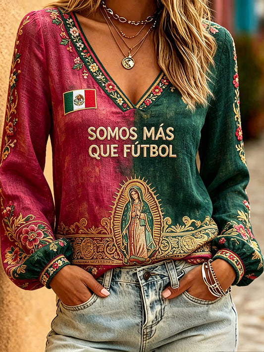 Camisas de lino con estampado artístico para amantes del fútbol mexicano, para mujer