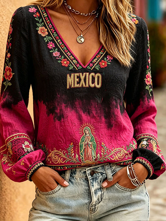 Camisas de lino con estampado artístico para amantes del fútbol mexicano, para mujer